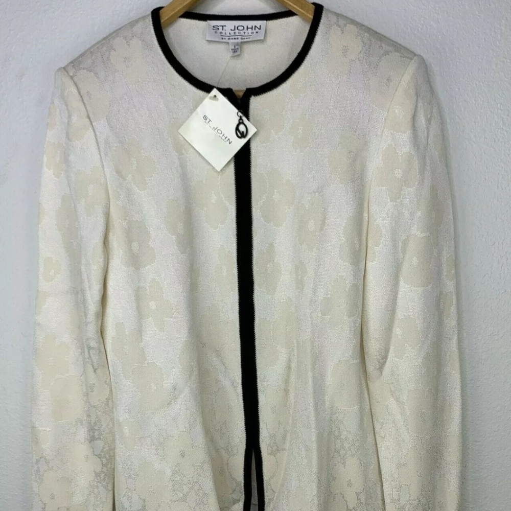 St. John Collection White Floral Zip Knit Jacket